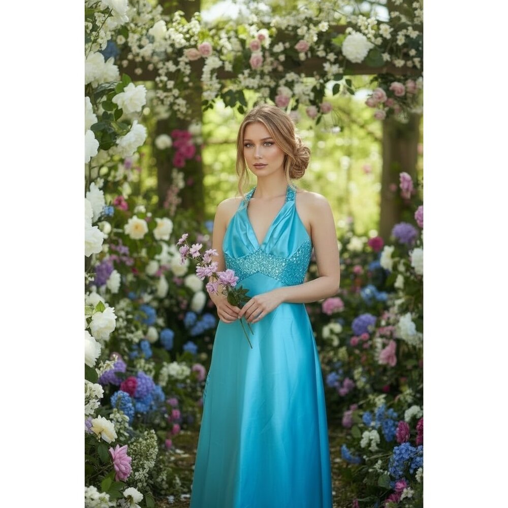 Formal Blue Satin Slip Dress Prom‎ Sz XS Beaded Prom Aqua Event